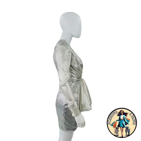 Redemption for FWRD Long Sleeve Metallic Deep V Party Dress in Silver Size XS - Picture 5 of 16